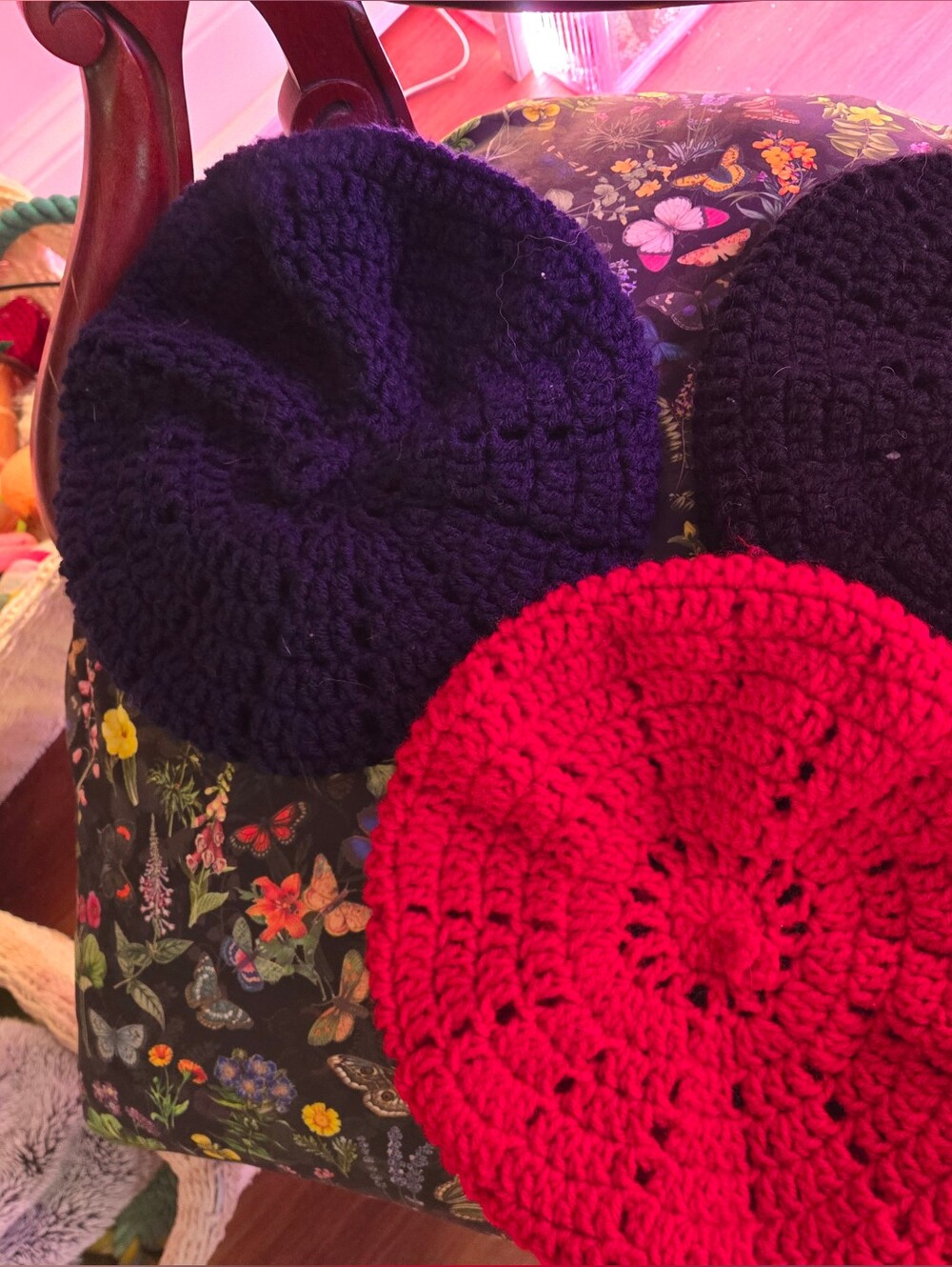 3 Handmade From Etsy Red, Navy & Black Crochet Beret Large